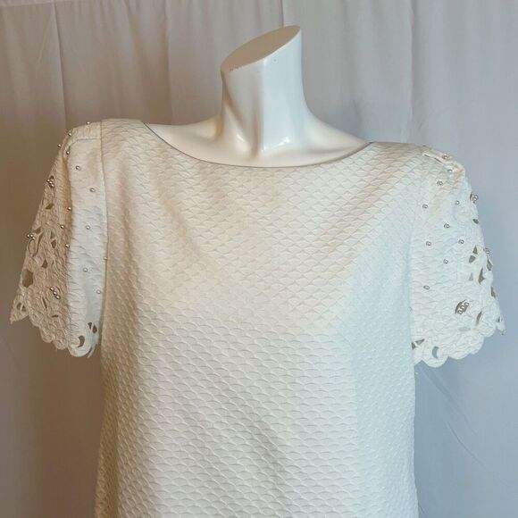 Vintage 1990s Mary McFadden Collection White Shift Dress Pearl Bridal Size 10 - Picture 2 of 7